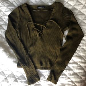 Olive green brandy Melville long sleeve tie up top